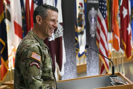 Col. Marc Welde speaks after passing command of U.S. Army Medical Logistics Command to Col. Deon Maxwell during a change of command ceremony Aug. 15 at Fort Detrick, Md. (C.J. Lovelace)
