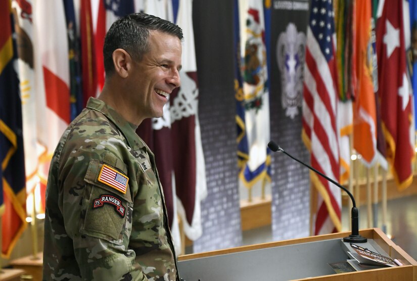 Col. Marc Welde speaks after passing command of U.S. Army Medical Logistics Command to Col. Deon Maxwell during a change of command ceremony Aug. 15 at Fort Detrick, Md. (C.J. Lovelace)