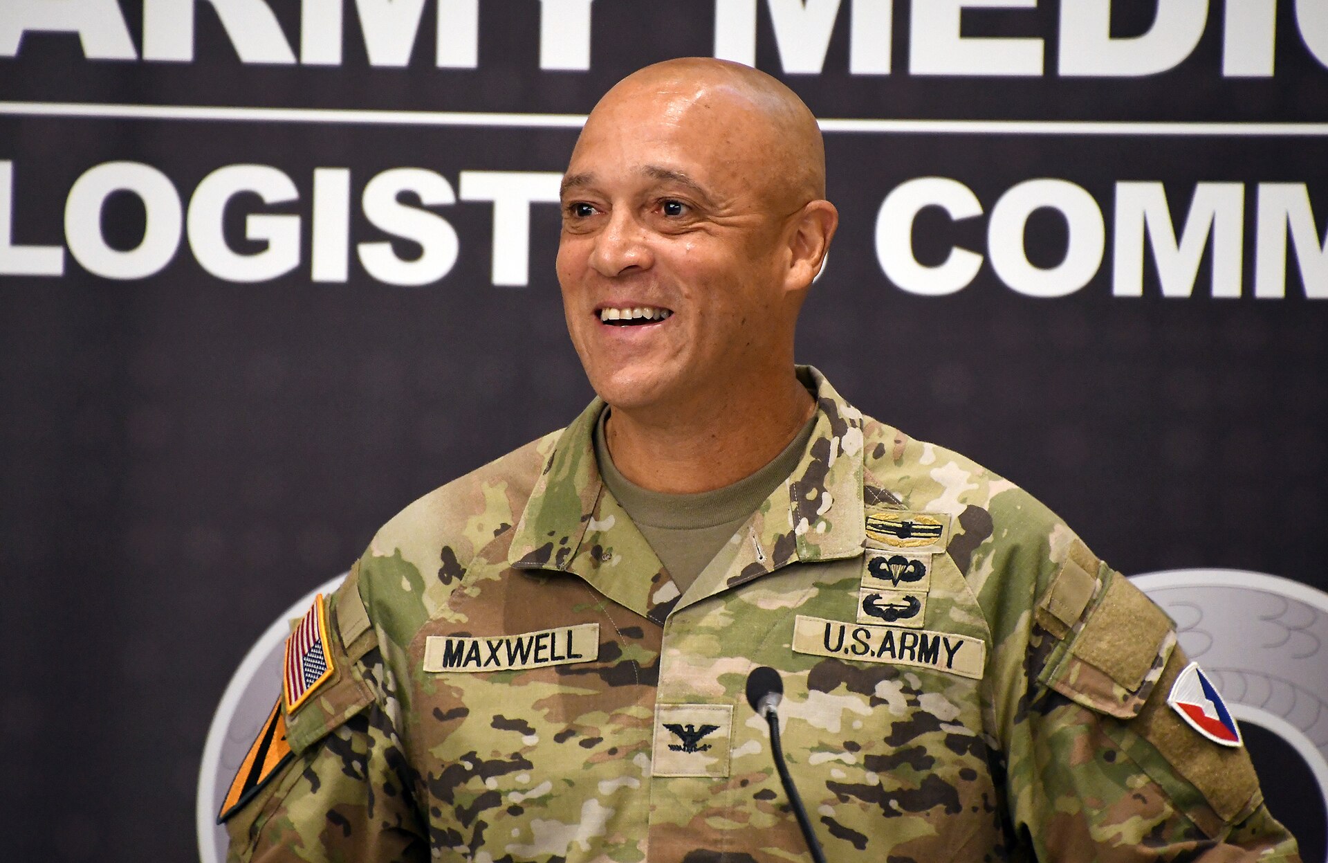 Col. Deon Maxwell speaks after taking command of U.S. Army Medical Logistics Command during a change of command ceremony Aug. 15 at Fort Detrick, Md. (C.J. Lovelace)