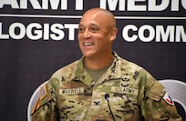 Col. Deon Maxwell speaks after taking command of U.S. Army Medical Logistics Command during a change of command ceremony Aug. 15 at Fort Detrick, Md. (C.J. Lovelace)