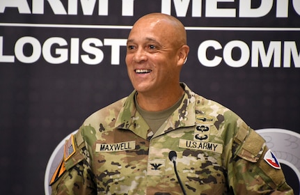 Col. Deon Maxwell speaks after taking command of U.S. Army Medical Logistics Command during a change of command ceremony Aug. 15 at Fort Detrick, Md. (C.J. Lovelace)