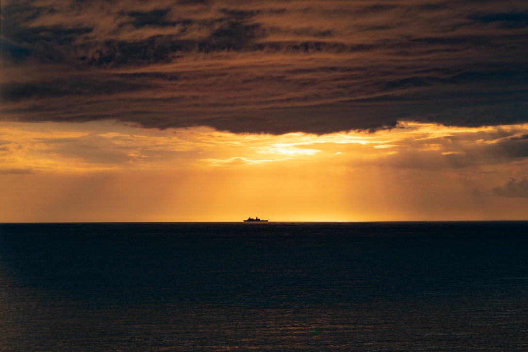 The U.S. Navy San Antonio-class amphibious transport dock ship USS San Antonio (LPD 17), Iwo Jima Amphibious Ready Group (ARG), with the 22nd Marine Expeditionary Unit (Special Operations Capable), sails underway in the Atlantic Ocean, Aug. 16, 2025. The 22nd MEU(SOC) went underway for their regularly scheduled deployment. (U.S. Marine Corps photo by Cpl. Emily Hazelbaker)