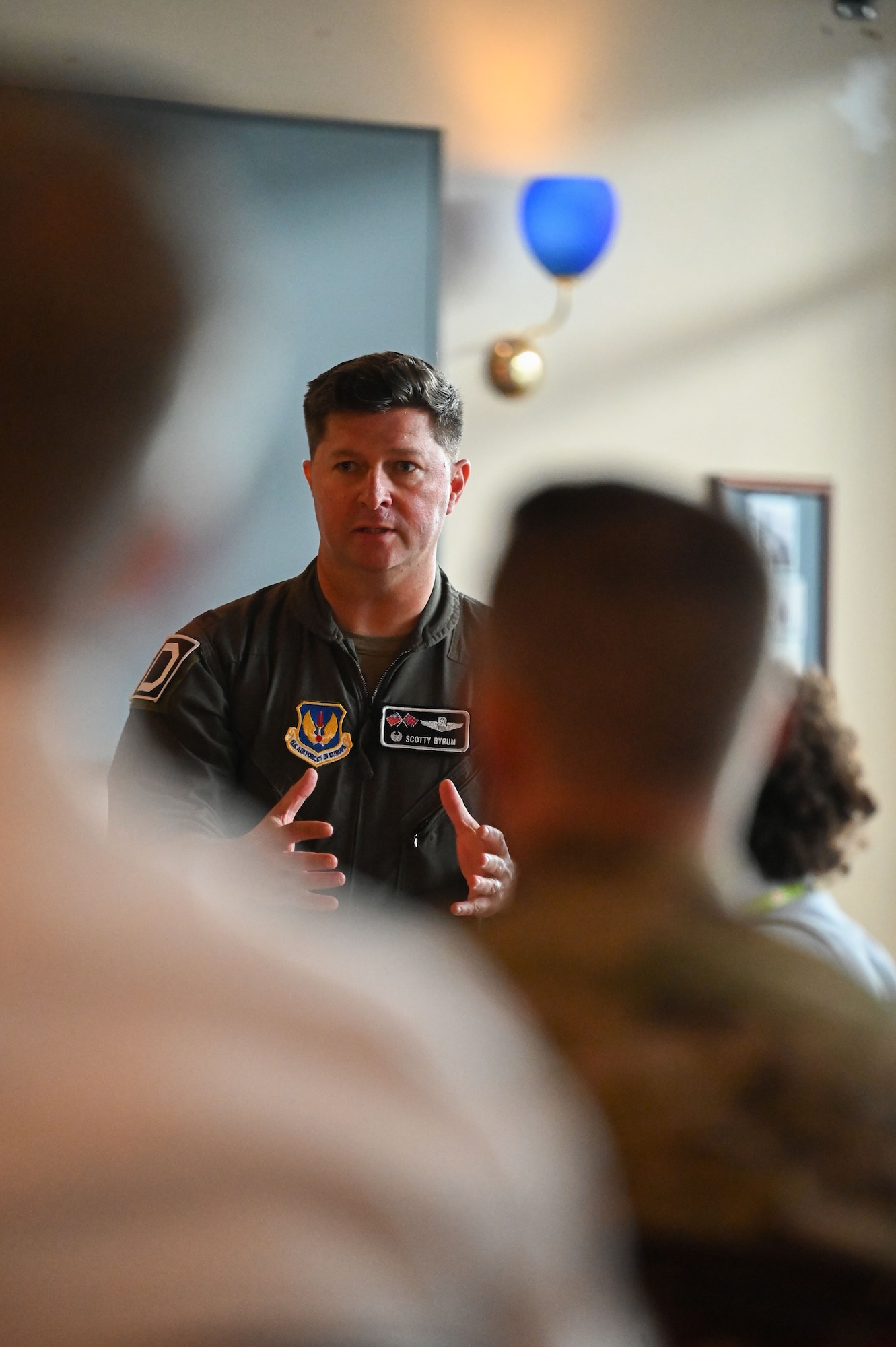 U.S. Air Force Col. Steven Byrum, 100th Air Refueling Wing commander, gives a briefing during the 100th ARW’s Key Leader Engagement Day on RAF Mildenhall, England, Aug. 14, 2025.