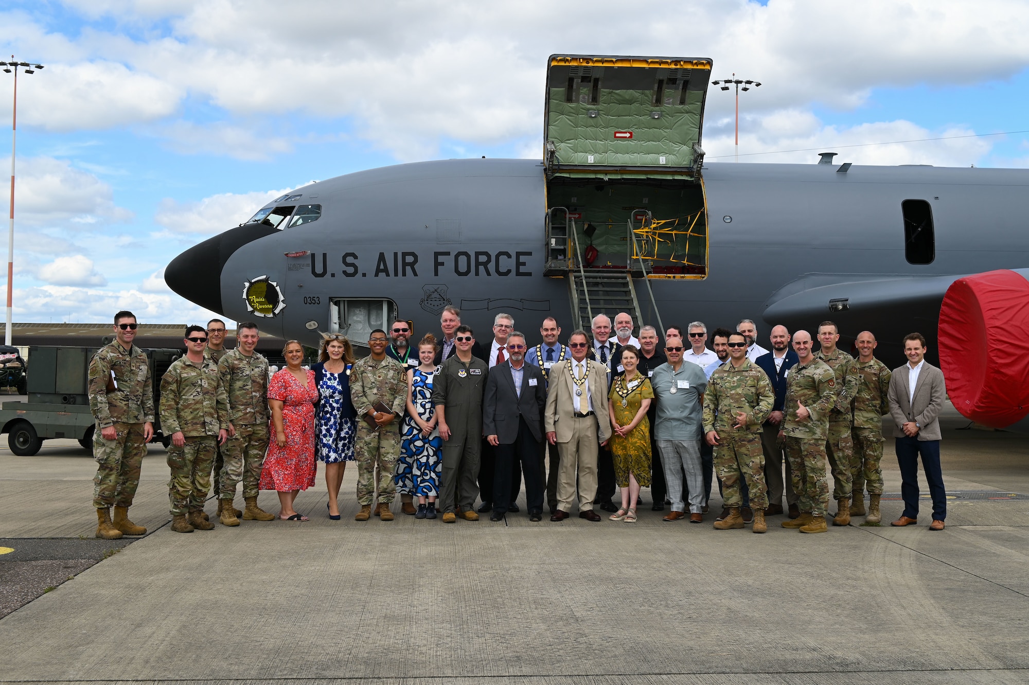 A group of RAF Mildenhall leadership and civic leaders from the local communities pose for a picture during the 100th ARW’s Key Leader Engagement Day on RAF Mildenhall, England, Aug. 14, 2025.