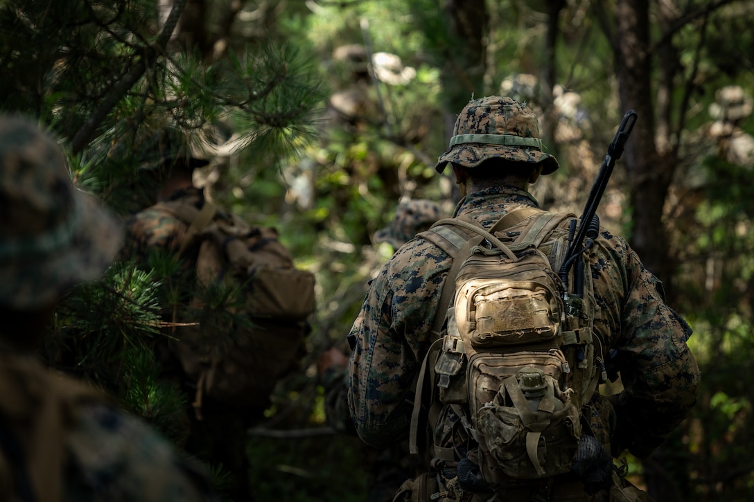 U.S. Marines with 2nd Battalion, 23rd Marines, forward deployed with 4th Marine Regiment, 3d Marine Division as part of the Unit Deployment Program, move from a beachhead into the tree line during the Korean Marine Exercise Program 25.2 in Pohang, South Korea, August 5, 2025. KMEP is conducted regularly between the ROK and U.S. Marine Corps to increase their combined capabilities through realistic training geared towards deterrence and maintaining peace in the Indo-Pacific. (U.S. Marine Corps photo by Lance Cpl. Van Hoang)