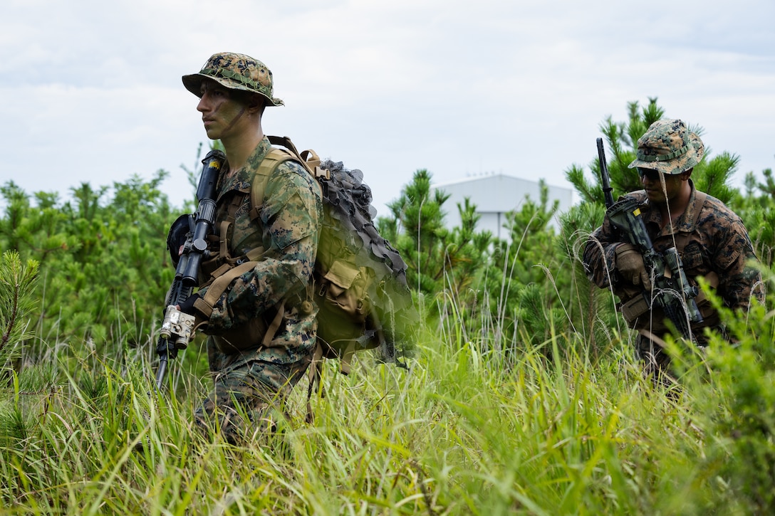 U.S. Marines with 2nd Battalion, 23rd Marines, forward deployed with 4th Marine Regiment, 3d Marine Division as part of the Unit Deployment Program, patrol toward simulated enemy positions during the Korean Marine Exercise Program 25.2 in Pohang, South Korea, August 5, 2025. KMEP is conducted regularly between the ROK and U.S. Marine Corps to increase their combined capabilities through realistic training geared towards deterrence and maintaining peace in the Indo-Pacific. (U.S. Marine Corps photo by Lance Cpl. Van Hoang)