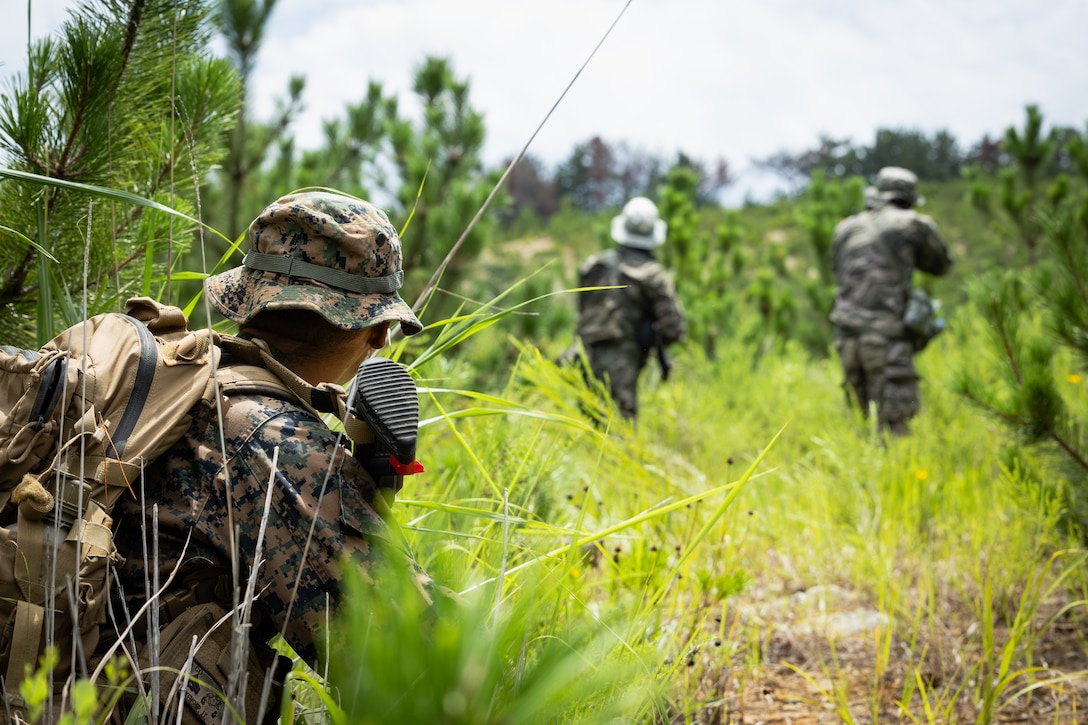 U.S. Marine Corps Cpl. Justin Blankenship, a rifleman with 2nd Battalion, 23rd Marines, forward deployed with 4th Marine Regiment, 3d Marine Division as part of the Unit Deployment Program, and Republic of Korea Marines patrol together toward simulated enemy positions during the Korean Marine Exercise Program 25.2 in Pohang, South Korea, August 5, 2025. KMEP is conducted regularly between the ROK and U.S. Marine Corps to increase their combined capabilities through realistic training geared towards deterrence and maintaining peace in the Indo-Pacific. (U.S. Marine Corps photo by Lance Cpl. Van Hoang)