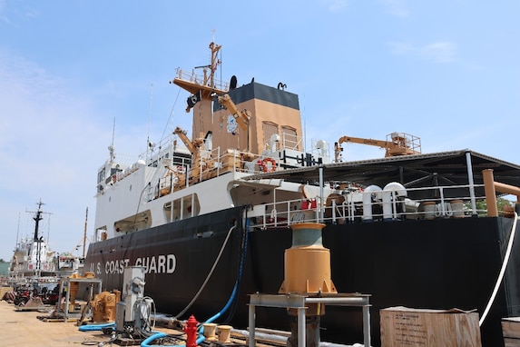 A completion ceremony at Coast Guard Yard marked the conclusion of the 225-foot Juniper-class seagoing buoy tender major maintenance availability program. The event was aboard Coast Guard Cutter Hollyhock, the last cutter to have gone through the maintenance program. U.S. Coast Guard photo by Lt. Stephanie Hurley.