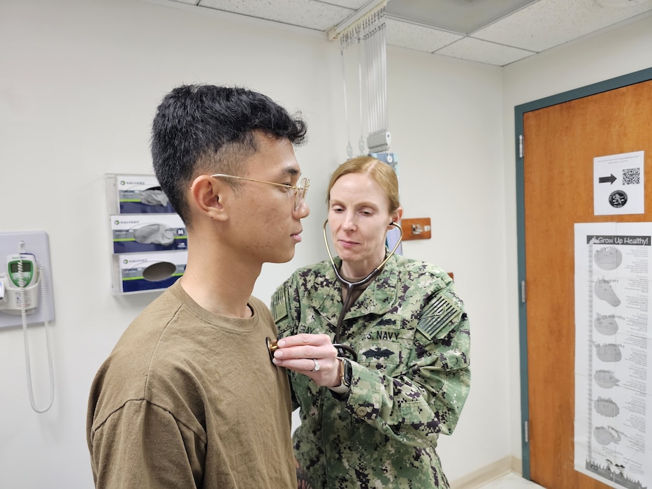 250815-N-FM959-1001- Jacksonville, FL. (August 15, 2025) Lt. Cmdr. Shelley Gray, Family Medicine department head at Naval Branch Health Clinic (NBHC) Key West, checks a patient’s heart during an appointment. The Family Medicine staff at NBHC Key West received the Best of the Best Award from the Defense Health Network Atlantic’s Joint Patient Survey for Fiscal Year 2024, with 97.1 percent beneficiary satisfaction. (U.S. Navy photo by Michael Campbell)