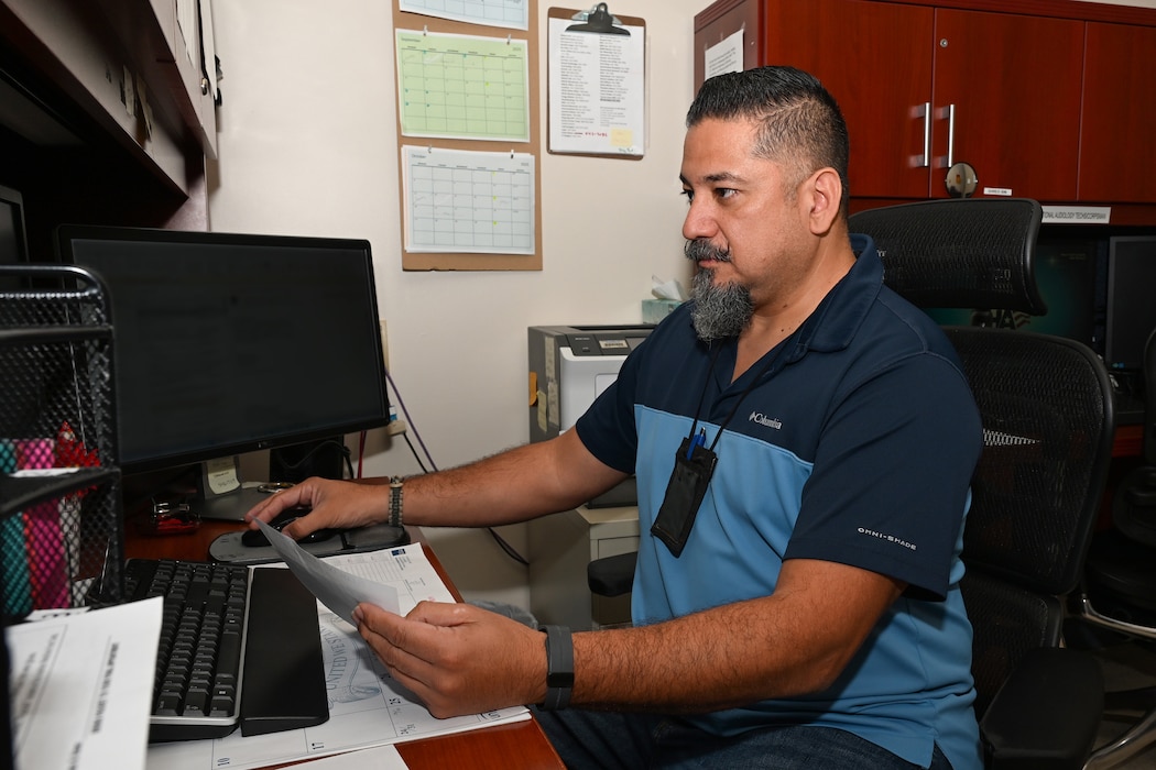 250818-N-FM959-1012 Jacksonville, FL. (August 18, 2025) Mike Aguilar, lead hearing conservation technician at audiology at Naval Branch Health Clinic (NBHC) Jacksonville, inputs patient information into the defense occupation and environmental health readiness system. The audiology staff at NBHC Jacksonville received the Best of the Best Award from the Defense Health Network Atlantic’s Joint Patient Survey for Quarter 2, Fiscal Year 2025, with 100 percent beneficiary satisfaction. (U.S. Navy photo by Michael Campbell)