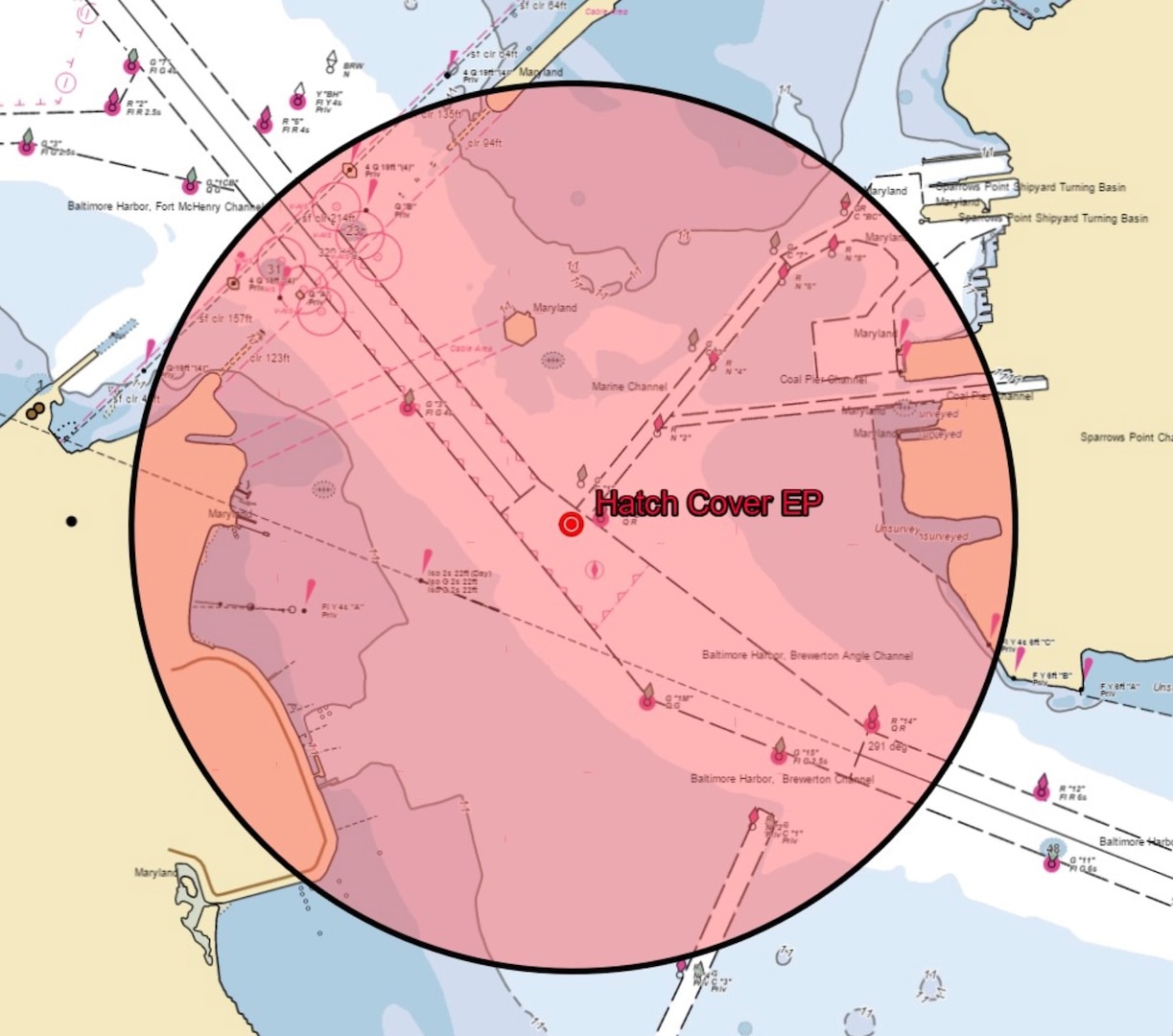 The Patapsco River has been closed to all vessel traffic between position coordinates 39°11.70'N, 076°31.71'W, near Swan Creek, and 39°12.6'N, 076°29.74'W, near Sparrows Point, and extending up to the former location of the Francis Scott Key Bridge, Aug 18, 2025. The closure was due to debris from an explosion on the M/V W-Sapphire.

(U.S. Coast Guard courtesy asset)