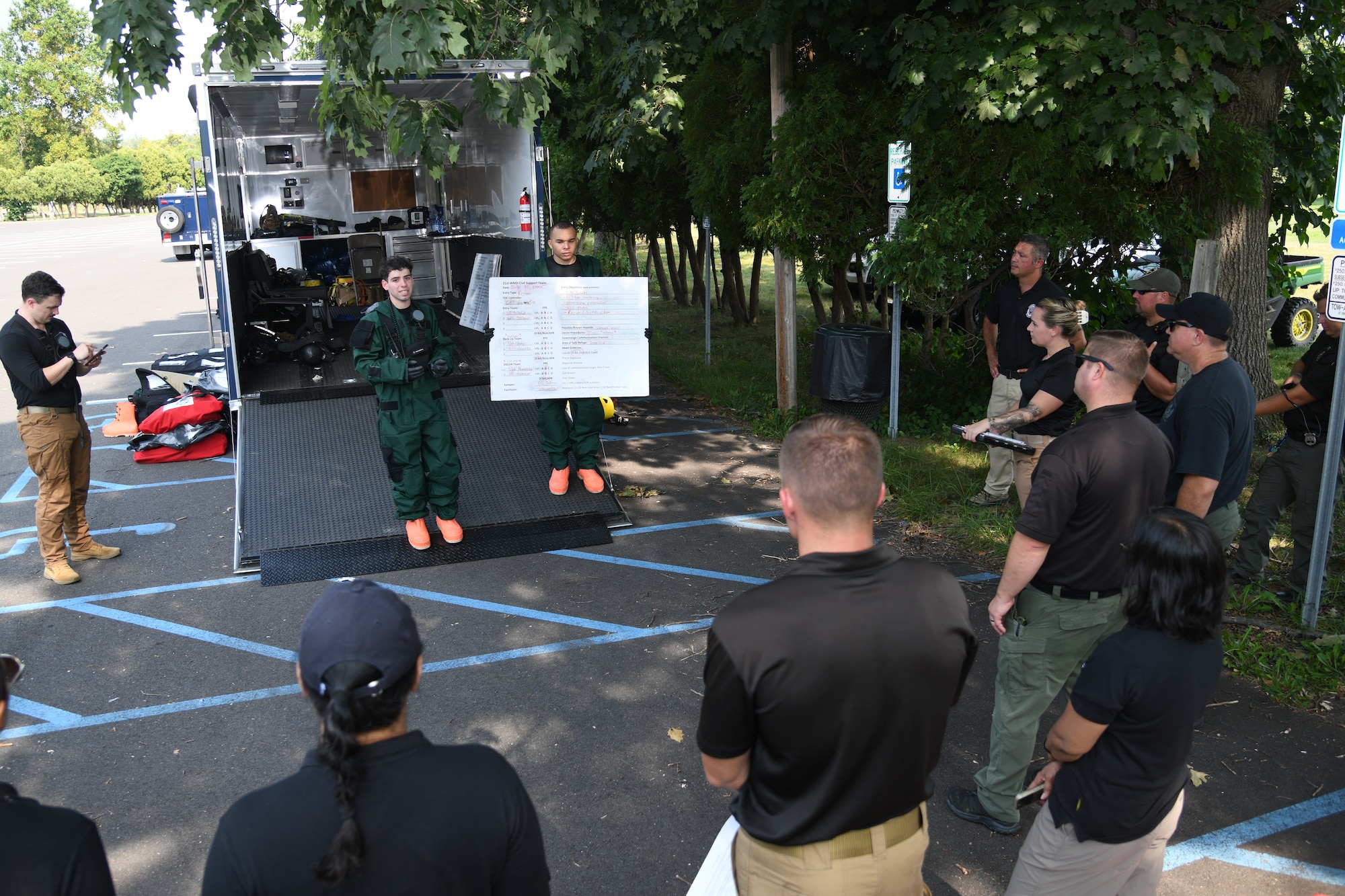 U.S. Army Soldiers from the New Jersey National Guard’s 21st Weapons of Mass Destruction–Civil Support Team brief participants and leadership on exercise details at Mercer County Park, West Windsor Township, New Jersey, July 31, 2025.