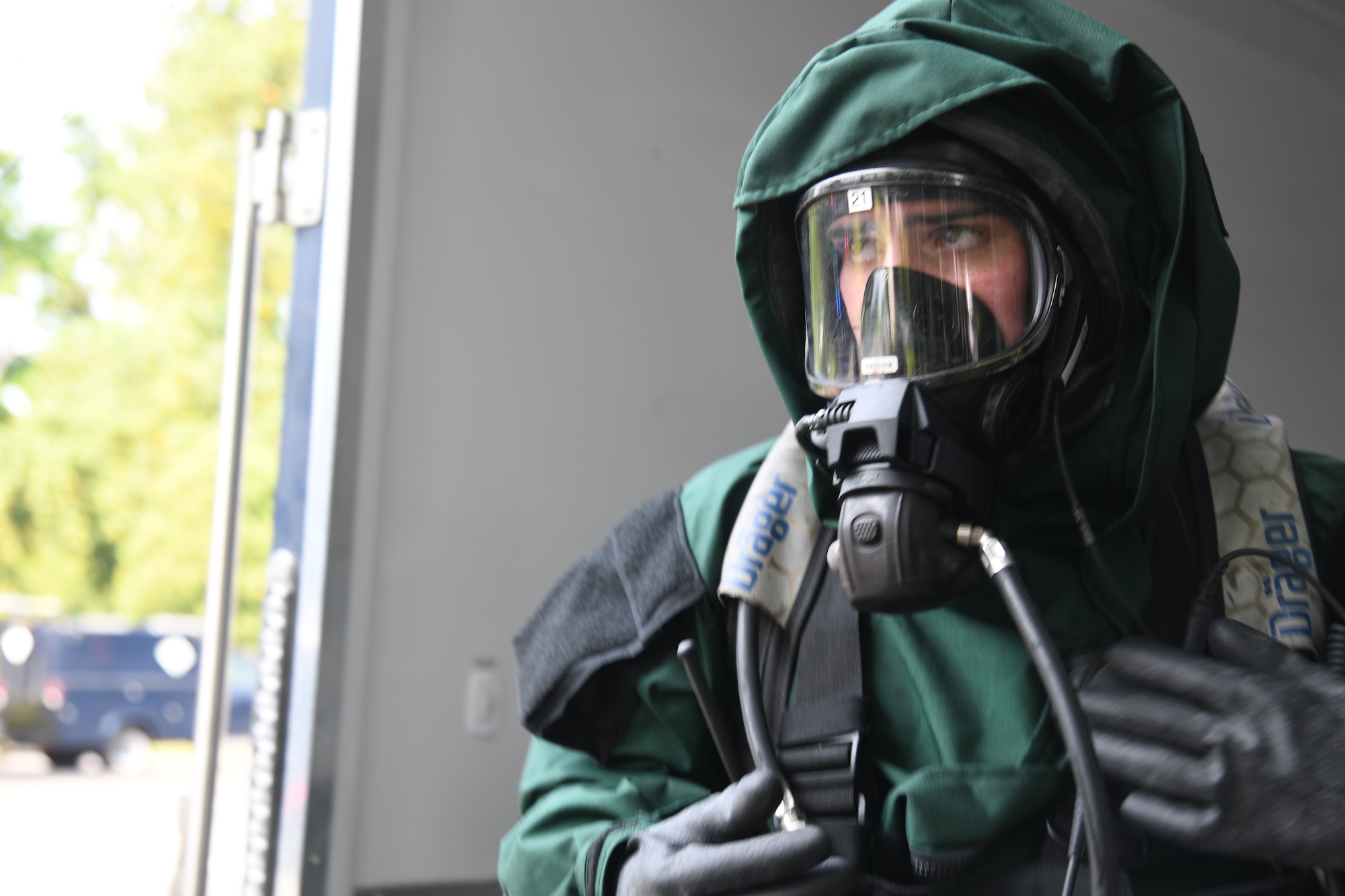 U.S. Army Spc. Andrew DeJesus, member of the New Jersey National Guard’s 21st Weapons of Mass Destruction–Civil Support Team, wears protective gear in preparation for a joint training exercise at Mercer County Park, West Windsor Township, New Jersey, July 31, 2025.