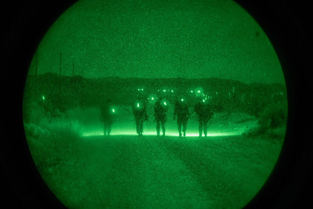 Silhouetted soldiers carrying lights walk along a path in the dark, illuminated by the green light of a night-vision lens.