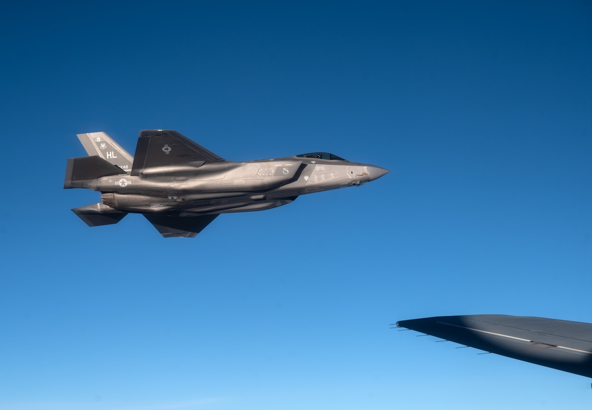 An F-35 Lightning II assigned to the 4th Fighter Squadron, Hill Air Force Base, Utah, flies off the wing of a KC-46A Pegasus assigned to the 22nd Air Refueling Wing, McConnell Air Force Base, Kansas, during Exercise Bamboo Eagle 25-3 off the coast of California, Aug. 4, 2025. Bamboo Eagle 25-3 represents the evolving landscape of warfare as each iteration builds on the challenges of today and tomorrow, preparing forces to be ready regardless of the threat. (U.S. Air Force photo by Staff Sgt. Tryphena Mayhugh)