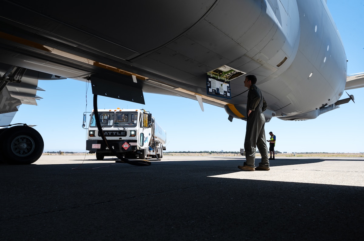 Staff Sgt. Bayden Stoltenburg-Wills, 344th Air Refueling Squadron boom operator, monitors the amount of fuel pumped into a KC-46A Pegasus while conducting specialized fuel operations during Exercise Bamboo Eagle 25-3 Aug. 6, 2025, at Sacramento Mather Airport, California. Bamboo Eagle is focused on strengthening the operational-level decision-making speed, accuracy, and resilience in a highly realistic and contested battlespace and serves as an operational testbed for emerging command and control concepts. (U.S. Air Force photo by Staff Sgt. Tryphena Mayhugh)