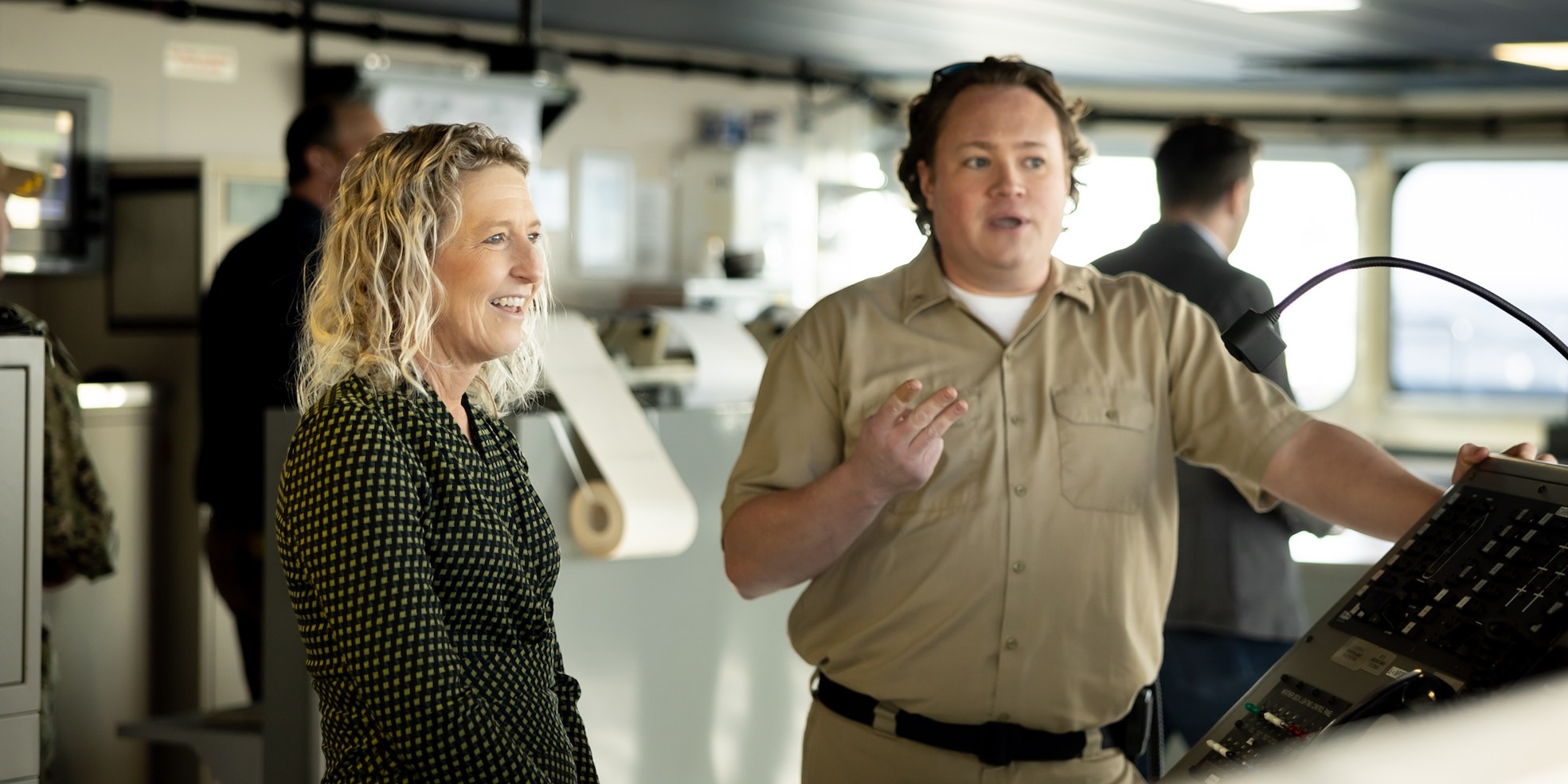 Congresswoman Jen Kiggans, Virginia's Second Congressional District, tours the bridge on board USNS Medgar Evers (T-AKE 13) during a tour aboard the ship Feb. 3, 2025. During the tour Kiggans met with Military Sealift Command leadership to receive a workforce initiative brief and to familiarize herself with MSC capabilities.