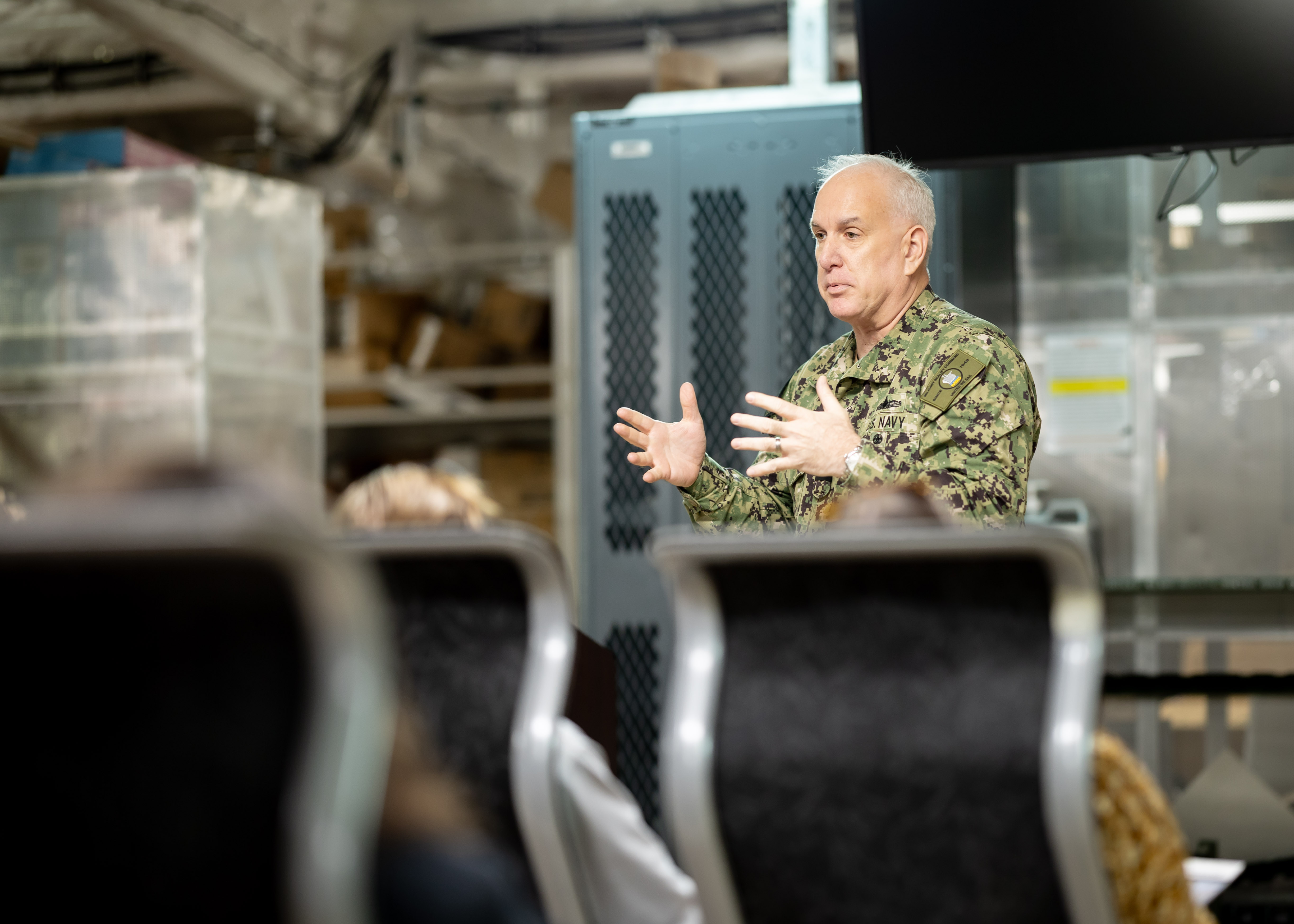 Rear Adm. Philip E. Sobeck, Commander, Military Sealift Command, addresses Congressional team members on MSC's functions within the U.S. Navy during a tour on board USNS Brunswick (T-EPF 6) April 24, 2025. The purpose of the tour was to introduce Congressional team members to the U.S. Navy and the assets and programs that support the warfighter.
