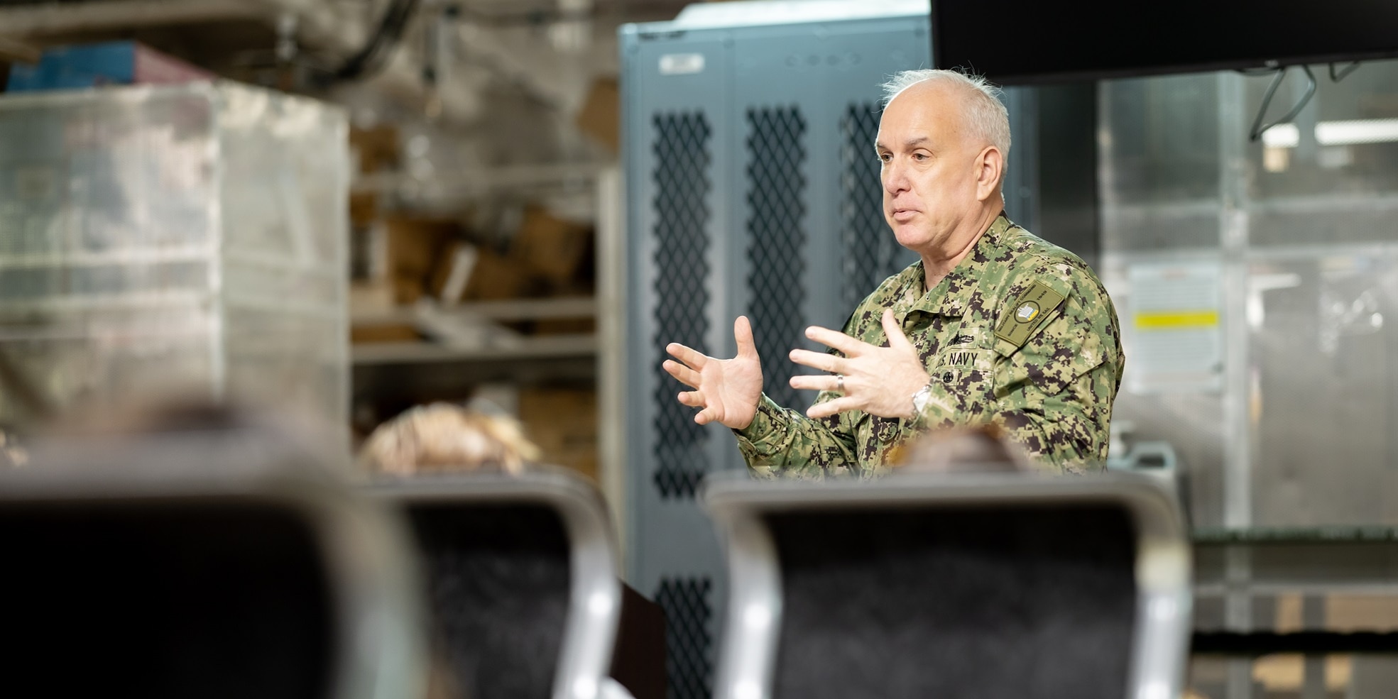 Rear Adm. Philip E. Sobeck, Commander, Military Sealift Command, addresses Congressional team members on MSC's functions within the U.S. Navy during a tour on board USNS Brunswick (T-EPF 6) April 24, 2025. The purpose of the tour was to introduce Congressional team members to the U.S. Navy and the assets and programs that support the warfighter.