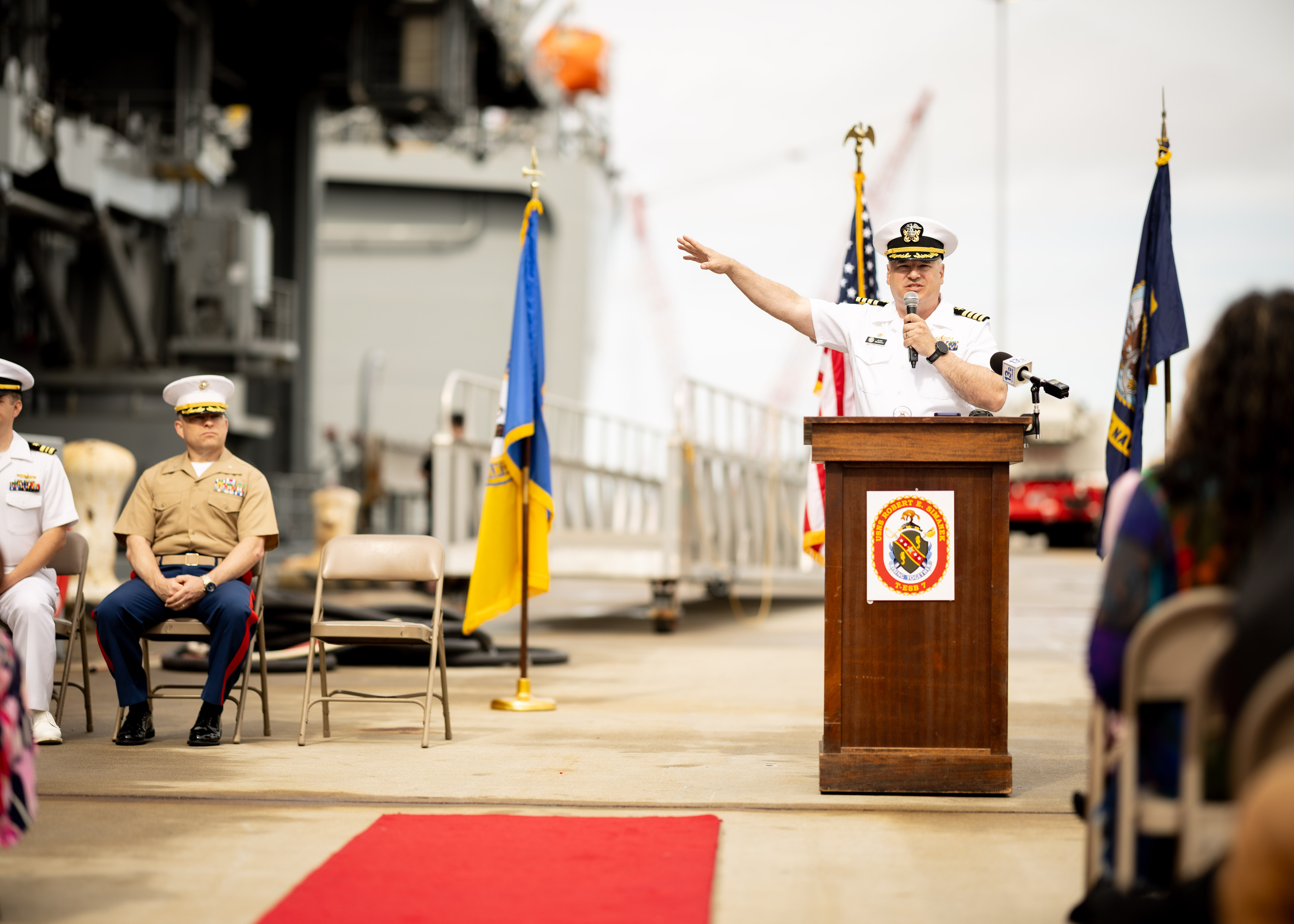 Capt. Jamie Murdock, Commodore, MSC Atlantic, delivers remarks during the new ship arrival ceremony for USNS Robert E. Simanek (T-ESB 7) May 5, 2025.  The ship was named after Private First-Class Robert Ernest Simanek, who was awarded the Medal of Honor for shielding fellow Marines from a grenade at the Battle of Bunker Hill during the Korean War.