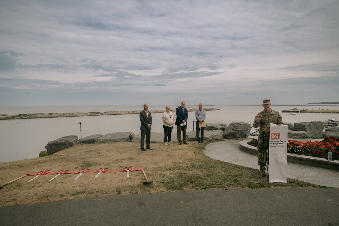 The U.S. Army Corps of Engineers, Buffalo District, held a ribbon cutting marking the completion of repairs to the Oswego West Arrowhead Breakwater, Oswego, New York.