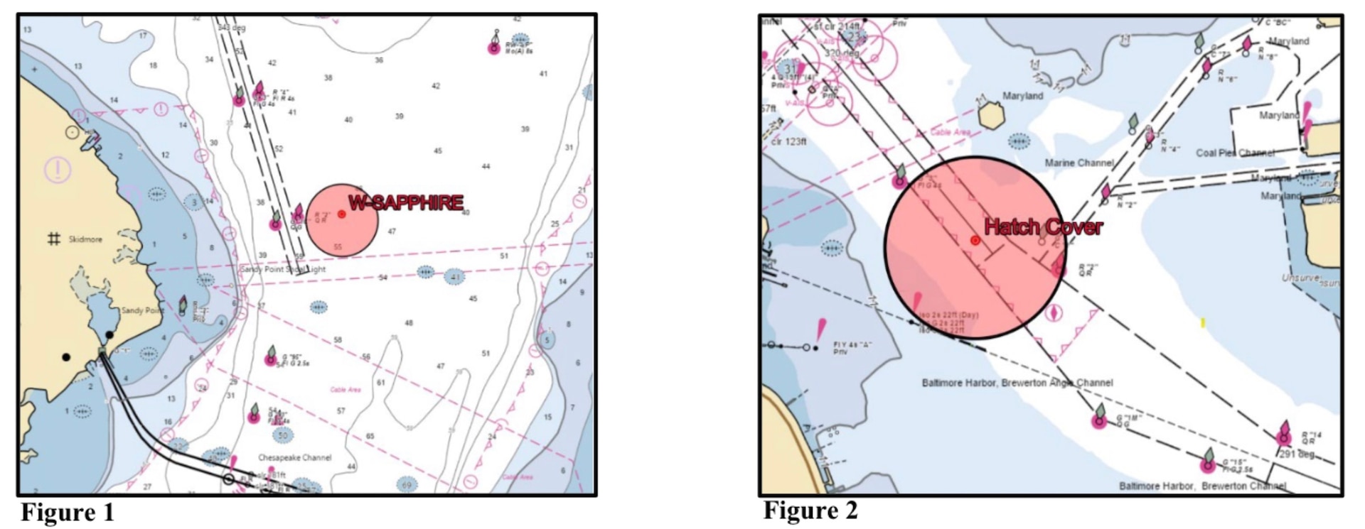 The safety zone for all navigable waters of the Chesapeake Bay within a 2000-yard radius of a hatch cover with an estimated position of 39.20692 N 76.51733 W has been discontinued.

The safety zone for all navigable waters of the Chesapeake Bay within a 500-yard radius of the vessel W-SAPPHIRE anchored in position 39.02333 N 76.36833 W, Figure 01, remains in effect.

A draft restriction of a maximum navigational draft of 46.6-feet for all vessels transiting within a 500-yards radius of the location of the hatch cover in position of 39.20865 N 076.52017 W, Figure 02, has been established due to it’s depth of 49.7-feet at MLL. 

An intermittent safety zone for all navigable waters of the Chesapeake Bay within a 500-yard radius of the location ofthe hatch cover from the vessel W-SAPPHIRE in position of 39.20865 N 076.52017 W, Figure 02, will be activated during dive and salvage operations.

(U.S. Coast Guard courtesy asset)