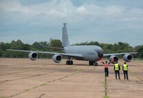 A KC-135 Stratotanker from the 141st Air Refueling Wing, Fairchild Air Force Base, taxis onto the flightline at Korat Air Force Base, Wing 1 in Lopburi, Thailand, on August 17, 2025.