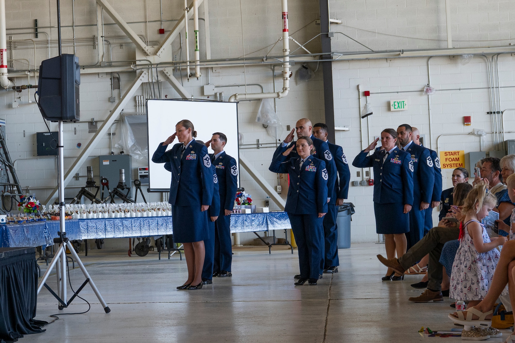 A group of military service members render a salute in front of a crowd.