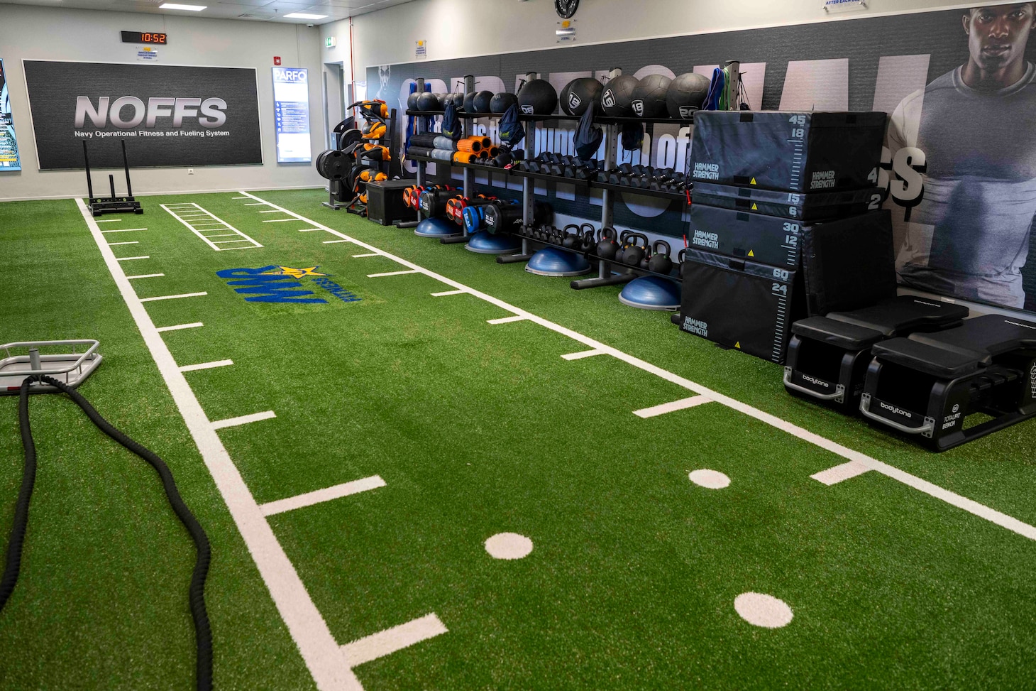 Naval Support Activity Souda Bay Fitness Center’s new Navy Operational Fitness and Fueling System (NOFFS) Zone turf area on Aug. 19, 2025.