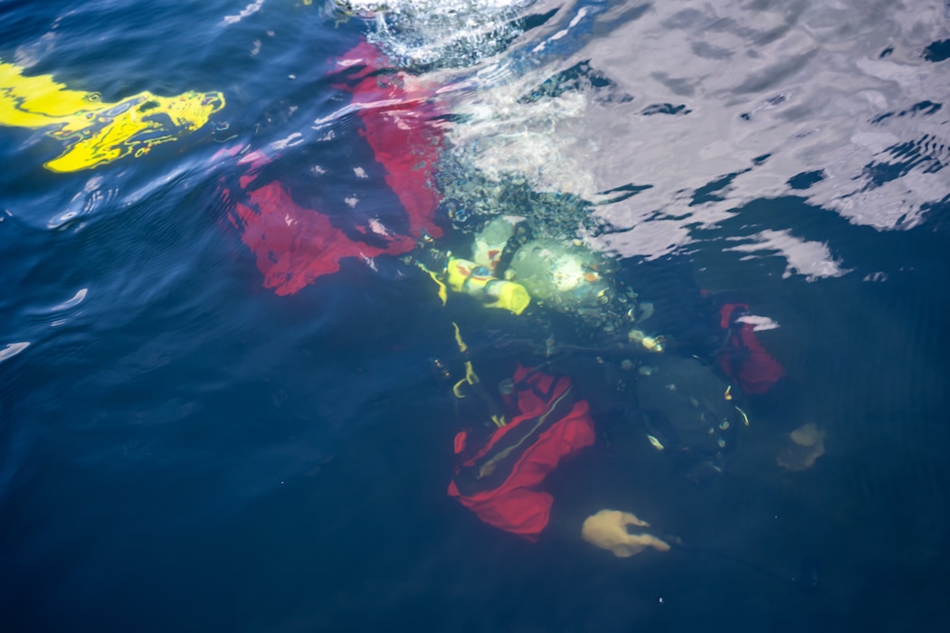A scuba diver, wearing red and black dry suit and yellow flippers, can be seen under the surface of the dark water