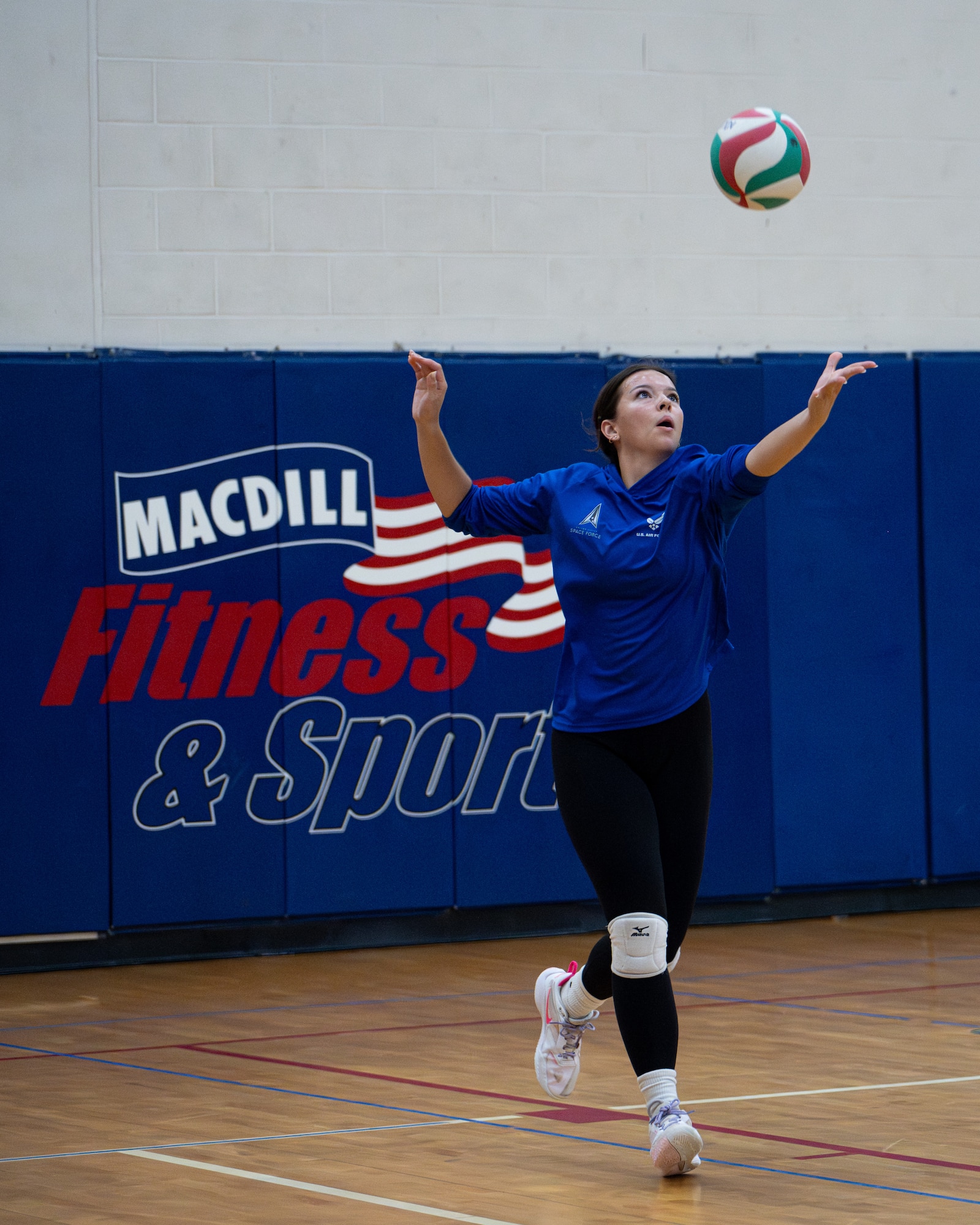 U.S. Air Force 2nd Lt. Jaqueline Gonzales-Brown, 6th Maintenance Squadron fabrication flight commander, serves during a practice with MacDill’s Hurricane Varsity Volleyball team at MacDill Air Force Base, Florida, Aug. 13, 2025. The members of the team helped guide and support Gonzales-Brown’s journey of joining the 2025 Department of the Air Force women’s volleyball team. (U.S. Air Force photo by Airman 1st Class Helen Ly)