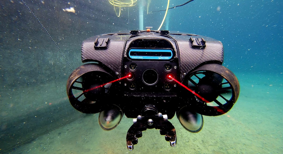 An underwater remotely operated vehicle (ROV) is deployed during testing at the U.S. Army Engineer Research and Development Center in Vicksburg, Mississippi.