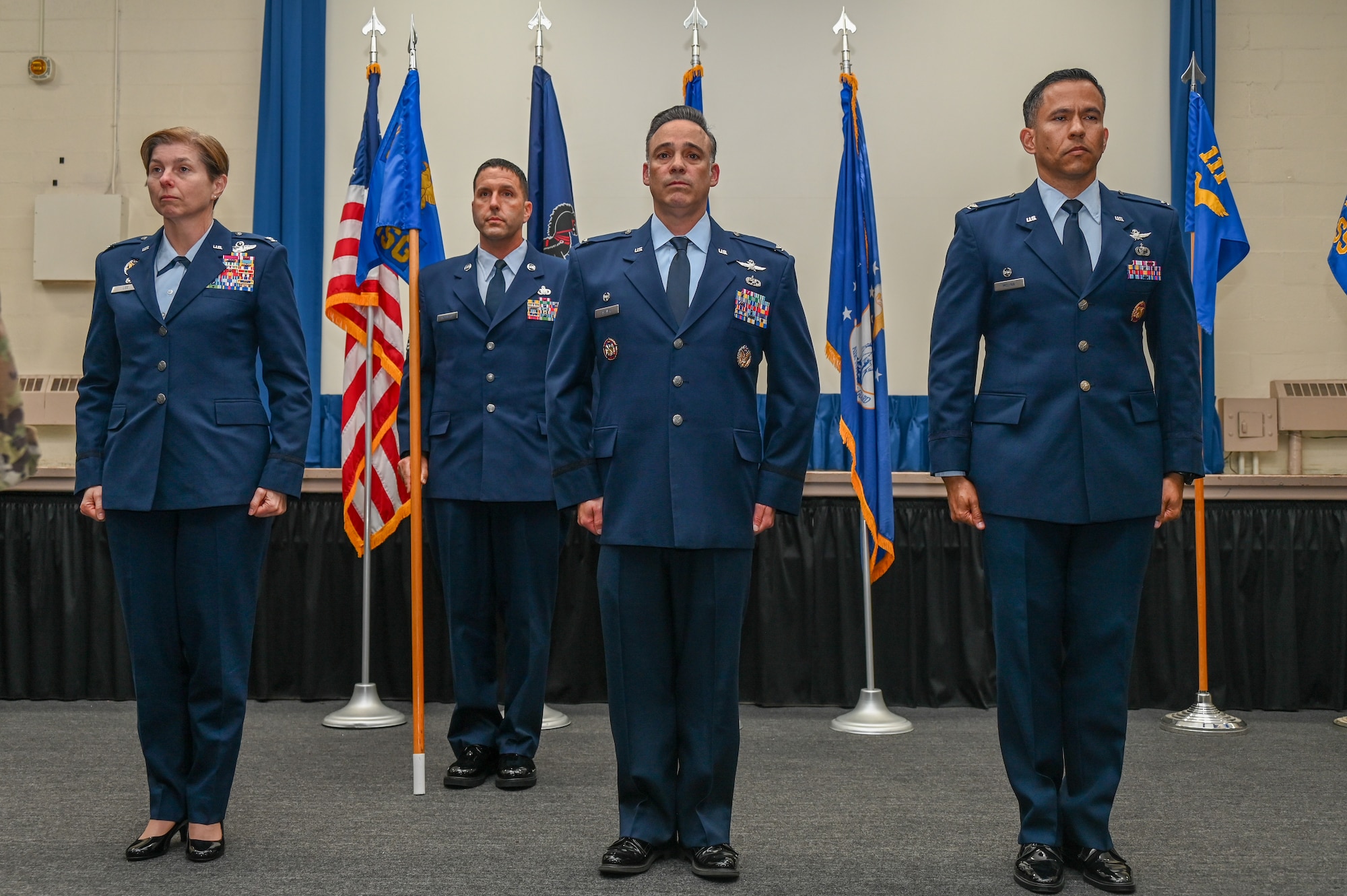 Pennsylvania Air National Guard Col. Brian Silver addresses the audience before relinquishing command of the 111th Mission Support Group during a ceremony at Biddle Air National Guard Base in Horsham, Pennsylvania, Aug. 3, 2025.
