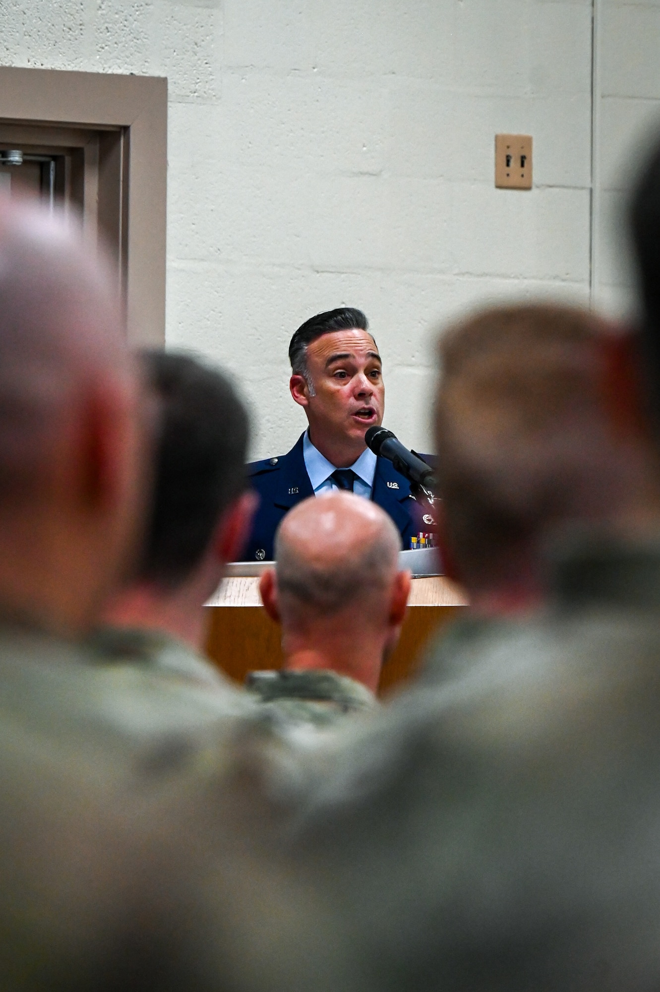 Pennsylvania Air National Guard Col. Brian Silver Maj. Hugh Black addresses the audience before relinquishing command of the 111th Mission Support Group during a ceremony at Biddle Air National Guard Base in Horsham, Pennsylvania, Aug. 3, 2025.