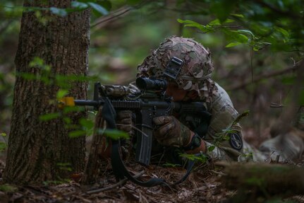 An Army soldier in combat uniform is laying on the ground in the woods near a tree while aiming a large rifle.