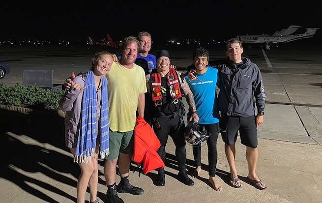 A Coast Guard Air Station Houston MH-65 Dolphin helicopter aircrew rescued eight people aboard a vessel 40 miles south of Galveston, Texas, May 28, 2024. Weather conditions at the time of the rescues were 30 knot winds and 8-foot seas.