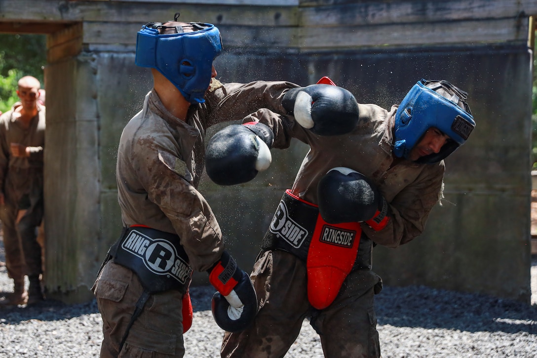 Rct. Jaylen Crayton, a recruit with Kilo Company, 3rd Recruit Training Battalion, body spars during the Crucible on Marine Corps Recruit Depot Parris Island, S.C., July 25, 2025. The Crucible is the culmination of the knowledge and skills recruits learn throughout recruit training. (U.S. Marine Corps photo by Cpl. Jordy Morales)