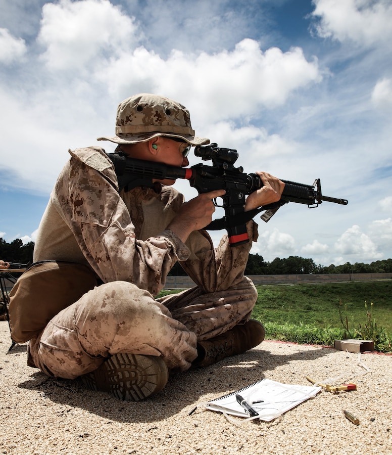 A recruit with Golf Company, 2nd Recruit Training Battalion, conduct zeroing and live-fire drills for the Table 1 Qualification on Marine Corps Recruit Depot Parris Island, S.C., July 15, 2025. Consisting of both slow and rapid firing, Table 1 tests recruits on their comprehension of the fundamentals in marksmanship. (U.S. Marine Corps photo by Lance Cpl. Jaden Beardsley)