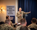 Vice Adm. Mike Vernazza, Commander, Naval Information Forces, provides a lecture as the keynote speaker at the 2025 Commander’s Conference at Naval Air Station Joint Reserve Base Fort Worth on June 8, 2025. The three-day event aimed to level-set leadership about the Information Warfare Operational Imperative to share valuable insights, communicate Commander's intent to senior leaders, and hone in on ongoing command initiatives to help operationalize CNIFR.