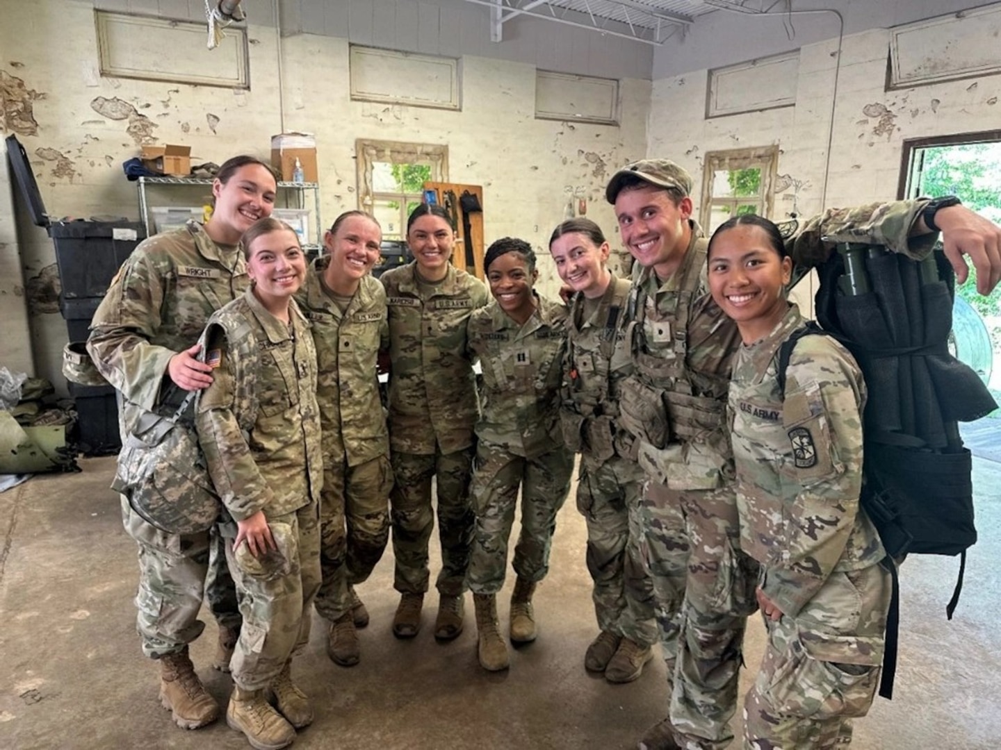 Nurse Summer Training Program Cadets wrap up the final day of Tactical Combat Casualty Care (From Left to Right: Cadet Priscilla Wright, Cadet Molly Cochran, Cadet Madison Miller, Cadet Nicole Narciso, Capt. Carmen Williams, Cadet Olivia Adamson, Cadet John Lopes, and Cadet Nyah Marzan )