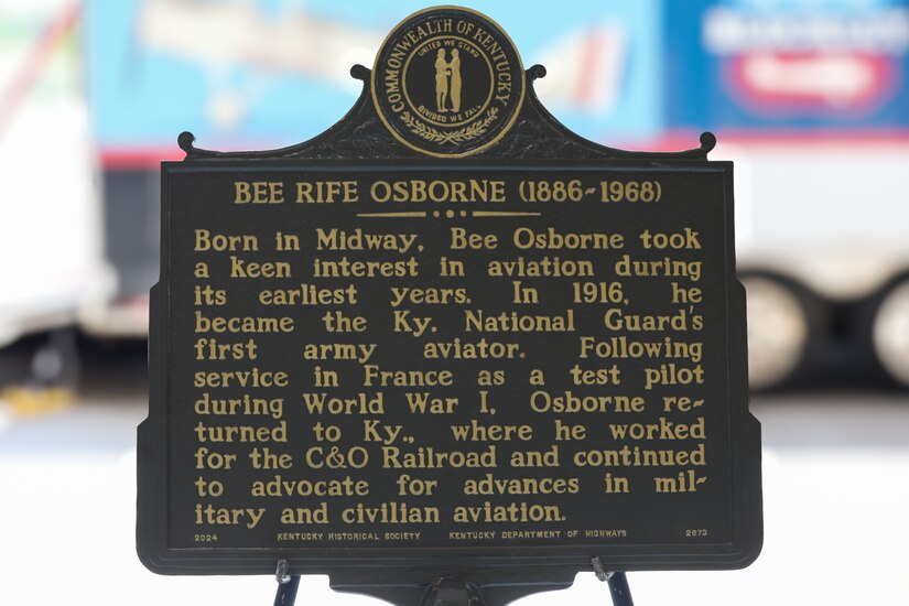 The Kentucky National Guard dedicated a new historical marker in honor of U.S. Army Capt. Bee Rife Osborne, which was presented at the 110th anniversary of Kentucky Army National Guard aviation, held at the Army Aviation Support Facility on Boone National Guard Center in Frankfort, Kentucky, Aug. 15, 2025.
