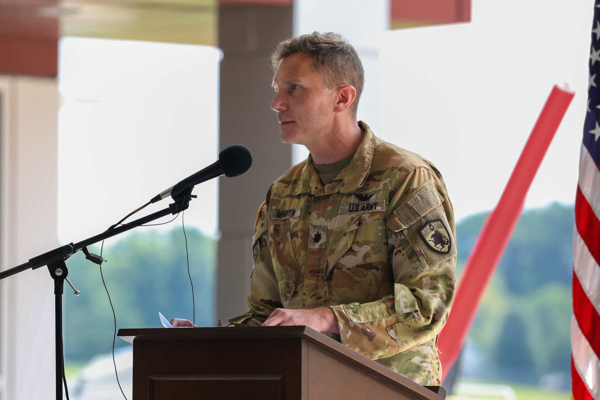 U.S. Army Lt. Col. Stephen Martin, commander of Kentucky's Army Aviation Support Facility (AASF), speaks at the 110th anniversary of Kentucky Army National Guard aviation, held at the AASF on Boone National Guard Center in Frankfort, Kentucky, Aug. 15, 2025.