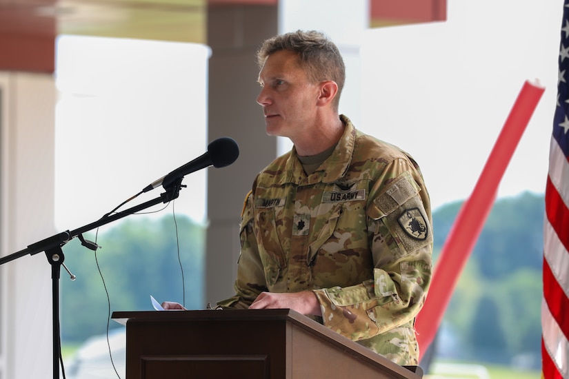 U.S. Army Lt. Col. Stephen Martin, commander of Kentucky's Army Aviation Support Facility (AASF), speaks at the 110th anniversary of Kentucky Army National Guard aviation, held at the AASF on Boone National Guard Center in Frankfort, Kentucky, Aug. 15, 2025.