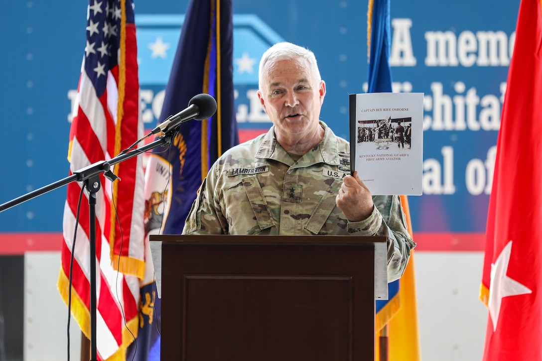 U.S. Army Maj. Gen. Haldane Lamberton, Kentucky's adjutant general, speaks at the 110th anniversary of Kentucky Army National Guard aviation celebration, held at the Army Aviation Support Facility on Boone National Guard Center in Frankfort, Kentucky, Aug. 15, 2025.