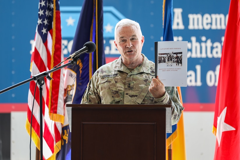 U.S. Army Maj. Gen. Haldane Lamberton, Kentucky's adjutant general, speaks at the 110th anniversary of Kentucky Army National Guard aviation celebration, held at the Army Aviation Support Facility on Boone National Guard Center in Frankfort, Kentucky, Aug. 15, 2025.