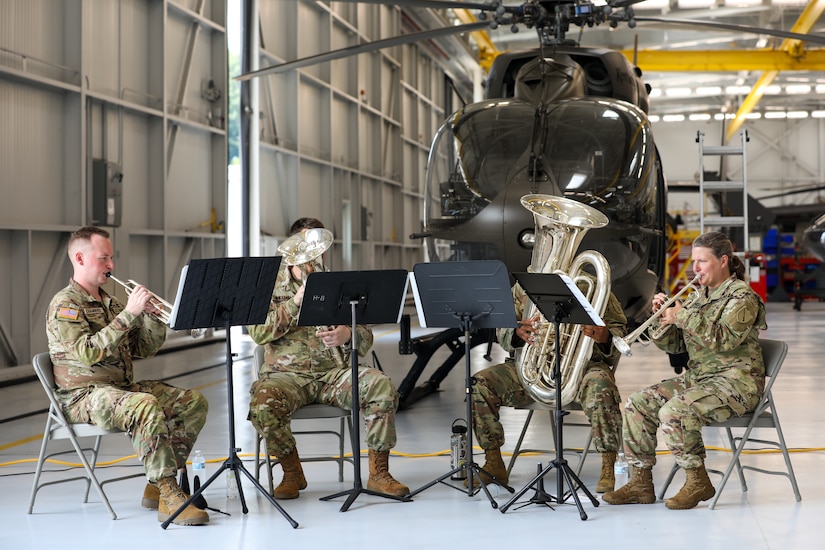 Soldiers of the 202nd Army Band perform at the 110th anniversary of Kentucky Army National Guard aviation, held at the Army Aviation Support Facility on Boone National Guard Center in Frankfort, Kentucky, Aug. 15, 2025.
