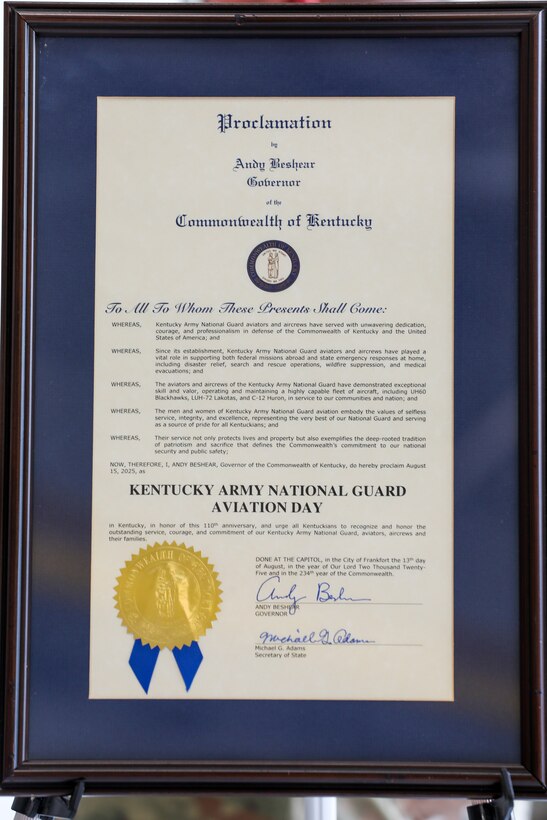 Kentucky Governor Andy Beshear signed a proclamation declaring Aug. 15, 2025 Kentucky Army National Guard Aviation Day.