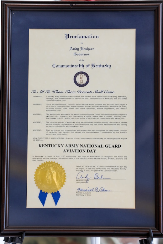 Kentucky Governor Andy Beshear signed a proclamation declaring Aug. 15, 2025 Kentucky Army National Guard Aviation Day.
