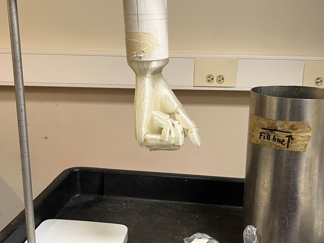 A 3D hand model simulating a human fist, created by PTC engineer Edward Dalton at DLA Troop Support in Philadelphia.