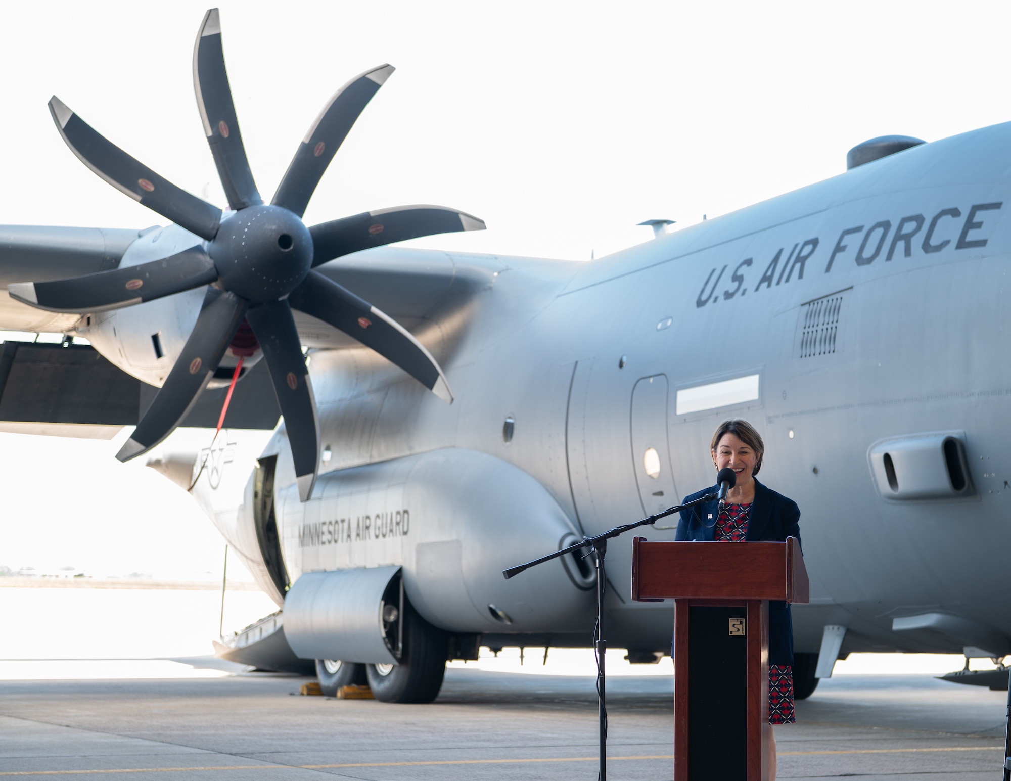 U.S. Sen. Amy Klobuchar, D-Minn., and U.S. Sen. Tina Smith, D-Minn., held a press conference at the 133rd Airlift Wing in St. Paul, Minn., Aug. 20, 2025.